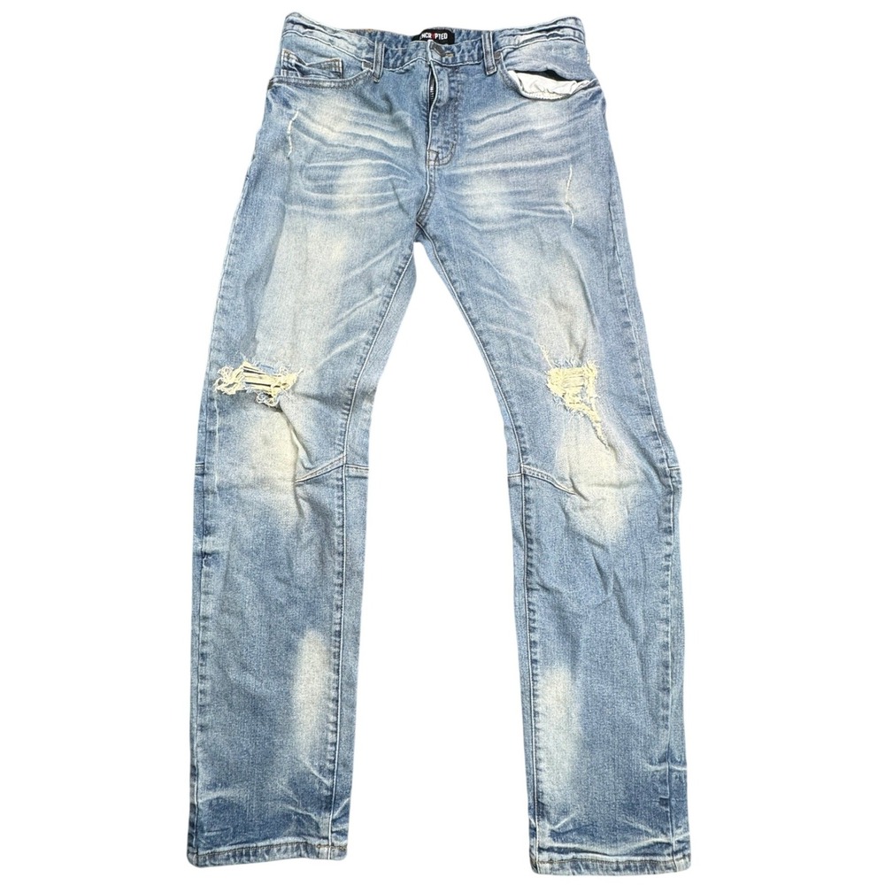 Encrypted Distressed Jeans Mens 34 Blue Faded Slim Fit Moto Streetwear Denim